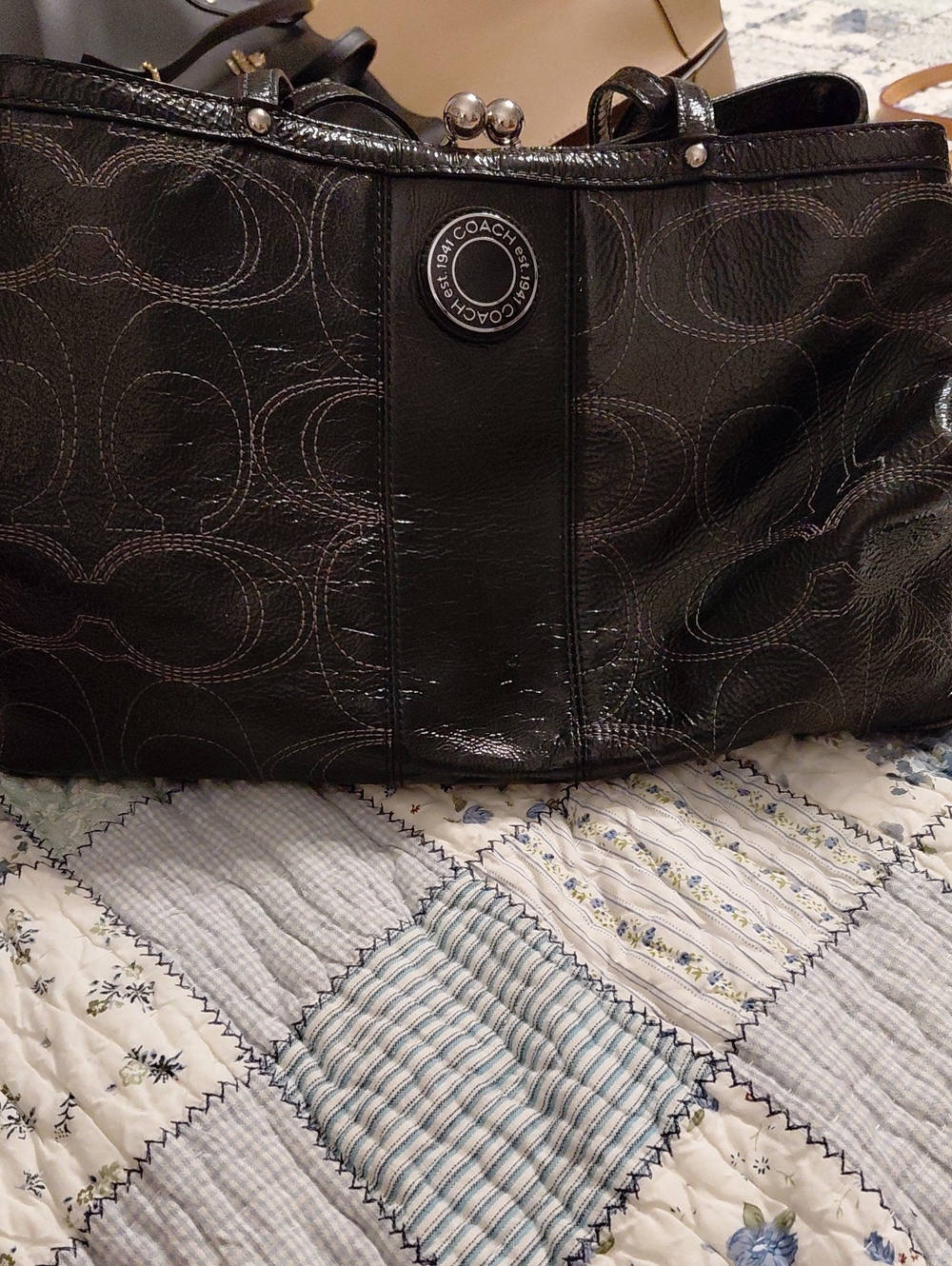 Coach Black Signature Embossed Leather Shoulder Bag